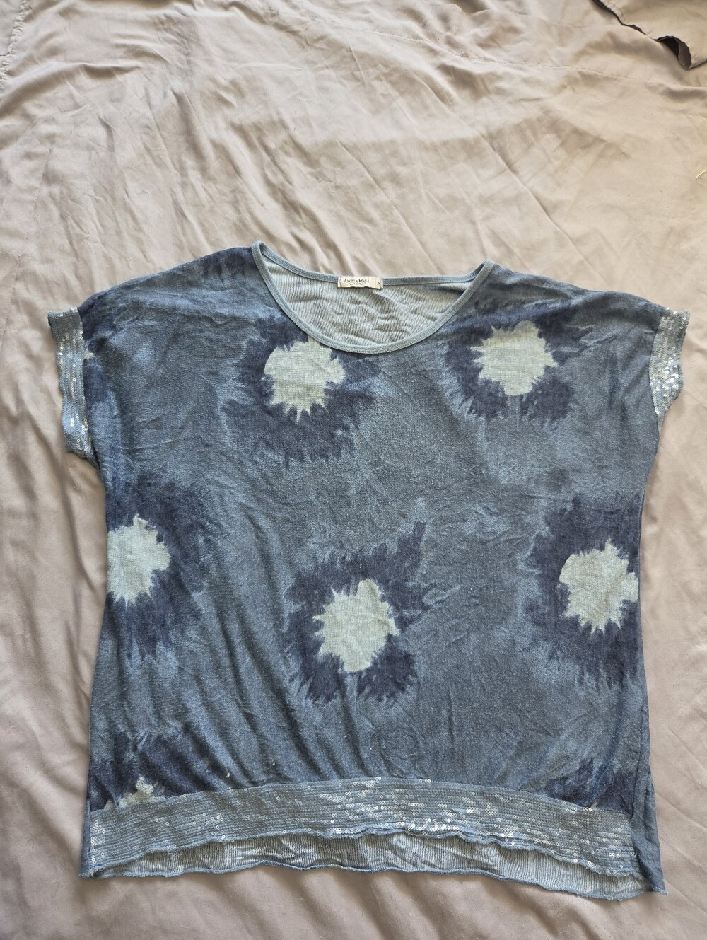 Angela Mara- Blue Tie-Dye Short Sleeve Tee with Sequin Trim